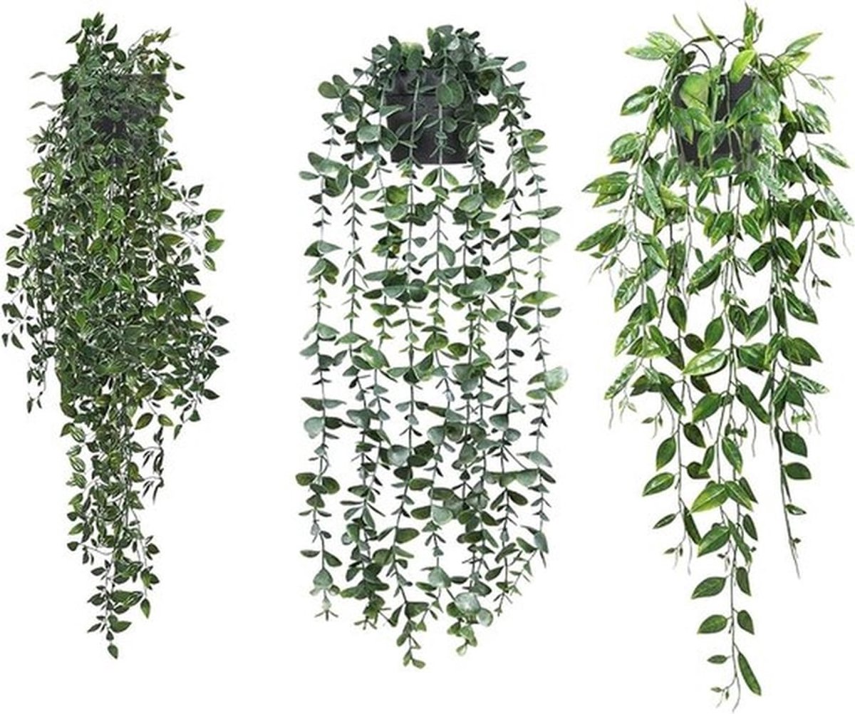 Hangende planten set van 3, kunstplanten met potten, eucalyptusbladeren voor binnen en buiten, onderhoudsvriendelijke decoratie voor woonkamer, tuin en balkon