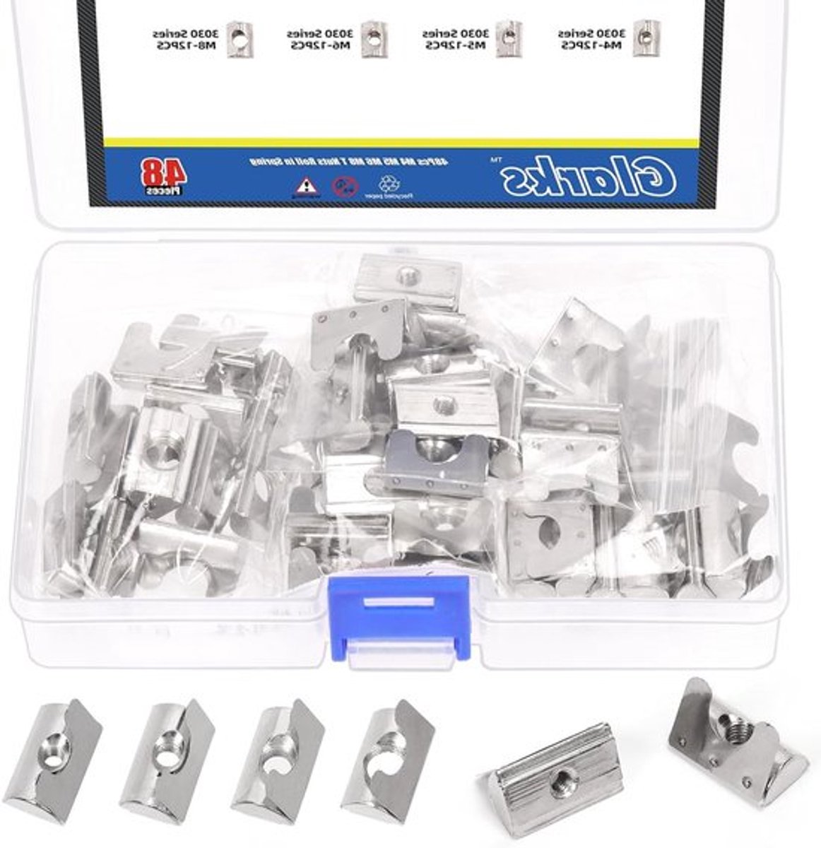 48 Stuks T-nuts Set voor 30 Series Aluminium Profielen - M4, M5, M6, M8 - Carbon Staal met Veerplaat - Ideaal voor Meubelbouw en DIY Projecten