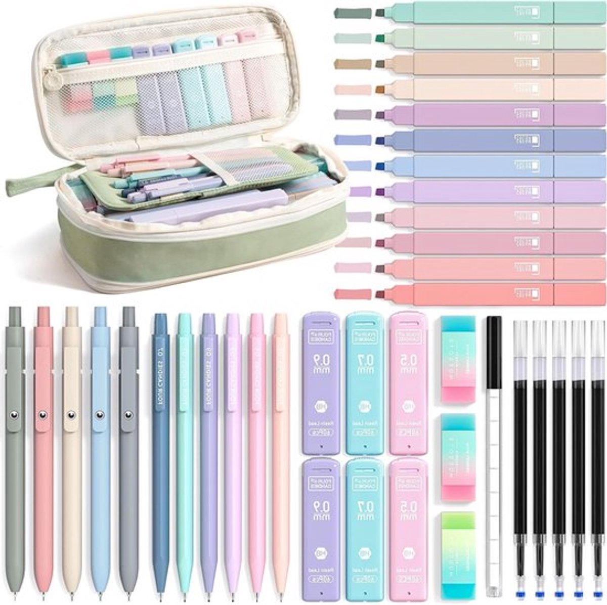 Aesthetische schoolbenodigdheden-set met 39 stuks, inclusief schattige pennenzak, pastelmarkers, zwarte gelpennen en mechanische potloden voor studenten