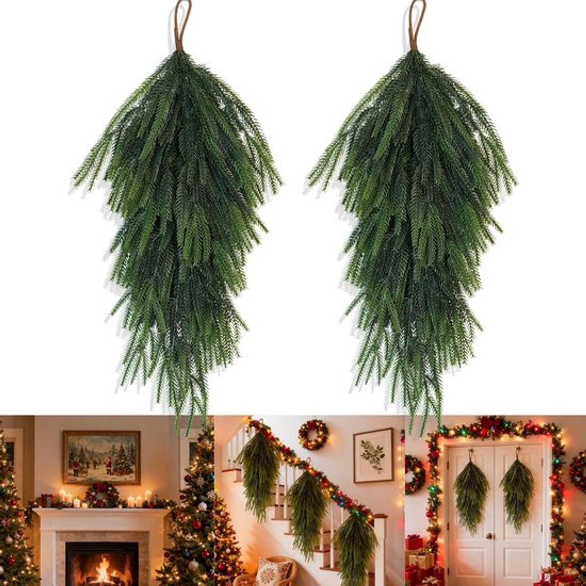 2 Stuks Kunstmatige Kerst Teardrop Swags van 76 cm - Nepsparrennaalden voor Kerstdecoratie, Perfect voor Haard, Trap en Wanddecoratie