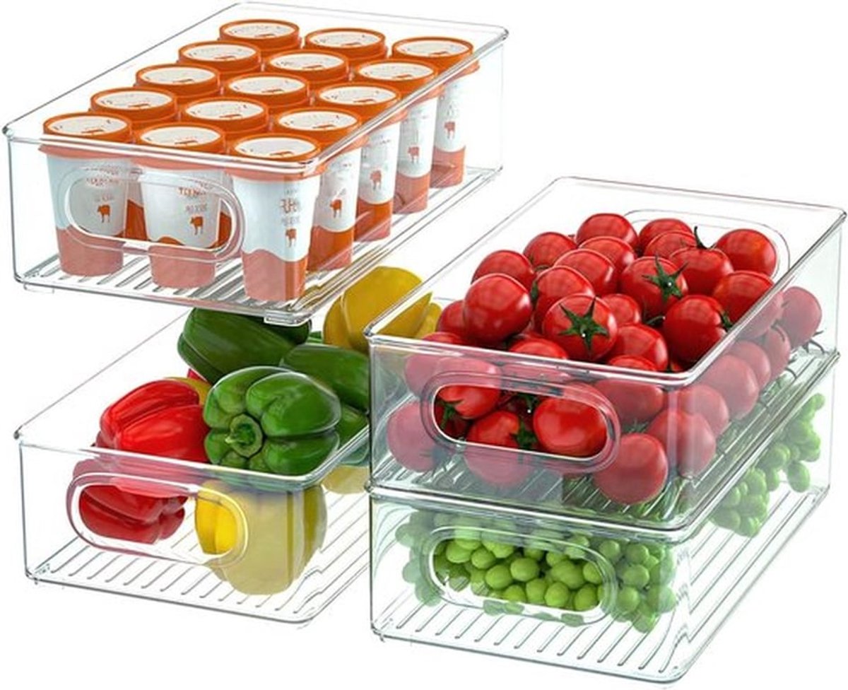 Set van 4 Grote Opbergdozen met Handvat, Transparante Organiser voor Keuken, Koelkast, Kasten en Voorraadkast, BPA-vrij en Ruimtebesparend