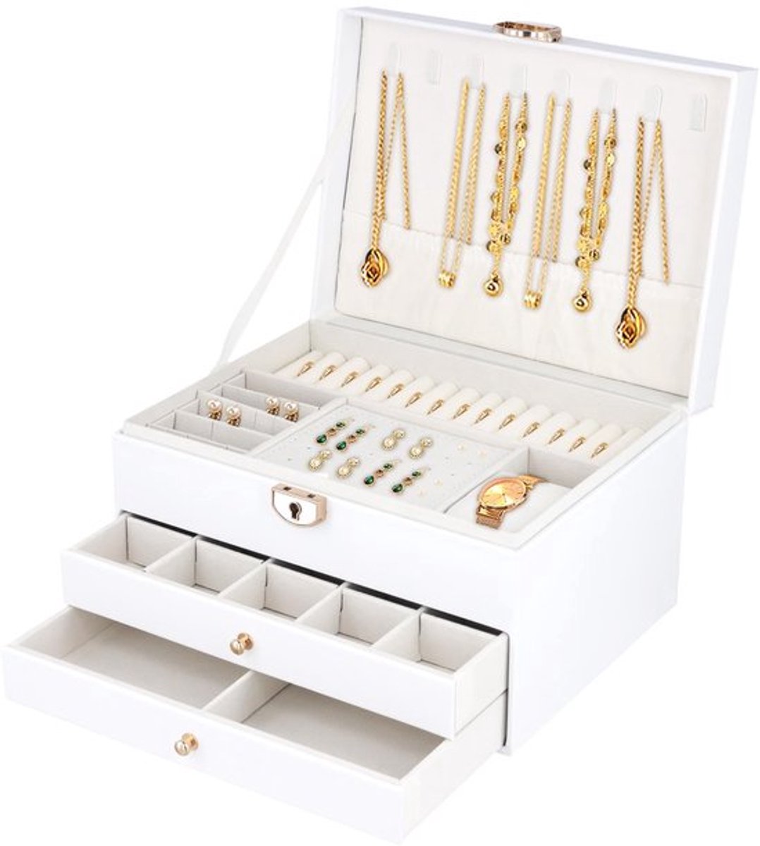 Sieradendoos Premium Design - Organizer met meerdere compartimenten - Opbergkoffer - 23 x 17 x 13,5 cm - Lederen uitvoering - Ideaal voor sieraden - Sieradenopberger