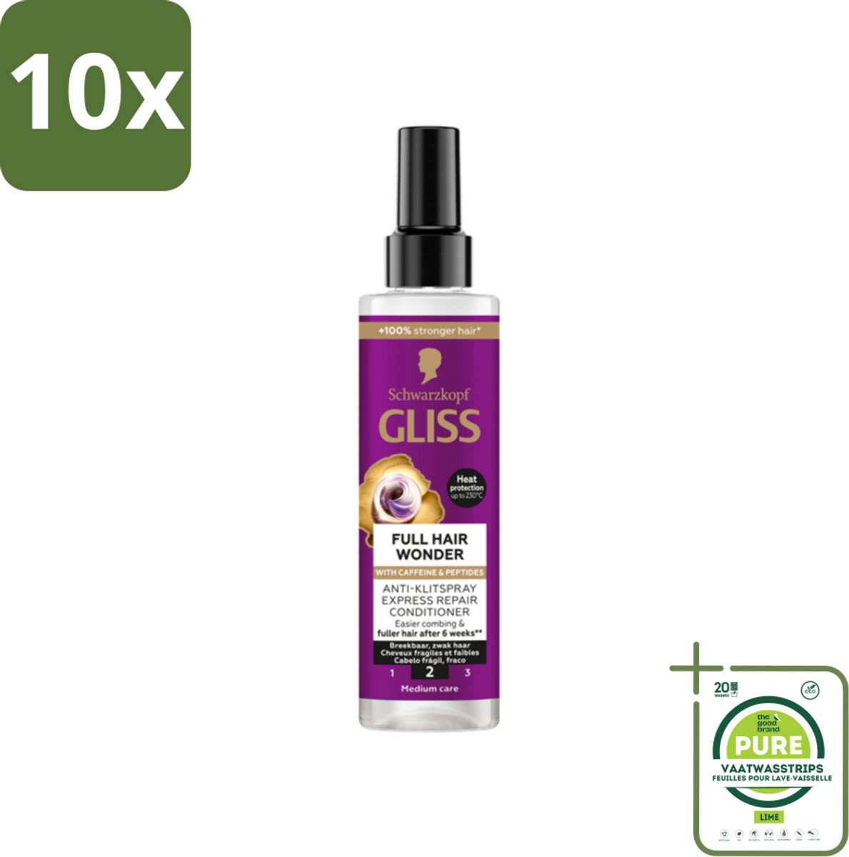 10 x Gliss - Anti-Klit Spray Full Hair Wonder - Voor Voller en Sterker Haar - 200 ml - Grootverpakking - Haarverlies - Haarversterking - Anti-klit Spray - Volume Shampoo - Haarspray
