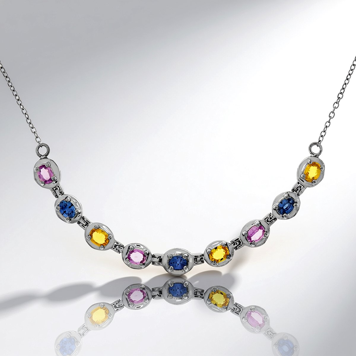 Cavill - Verstelbare 925 Sterling Zilveren Ketting - Platinabedekking - Ovale Ceylon Saffieren 1,808 ct - Luxe Blauwe, Gele, Roze Sieraad