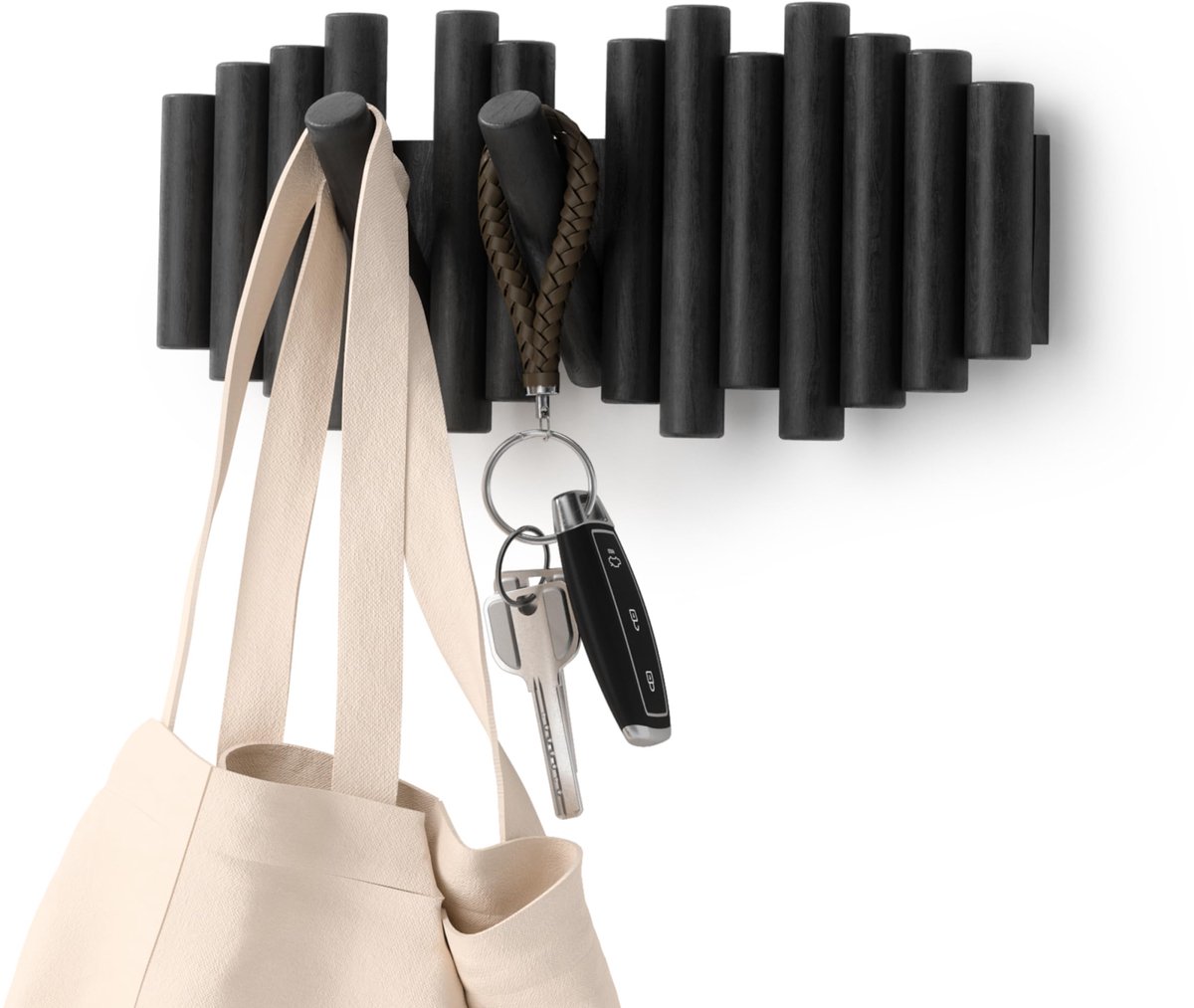 Famanu Wandkapstok met meerdere haken in zwart, perfect voor het organiseren van jassen en accessoires