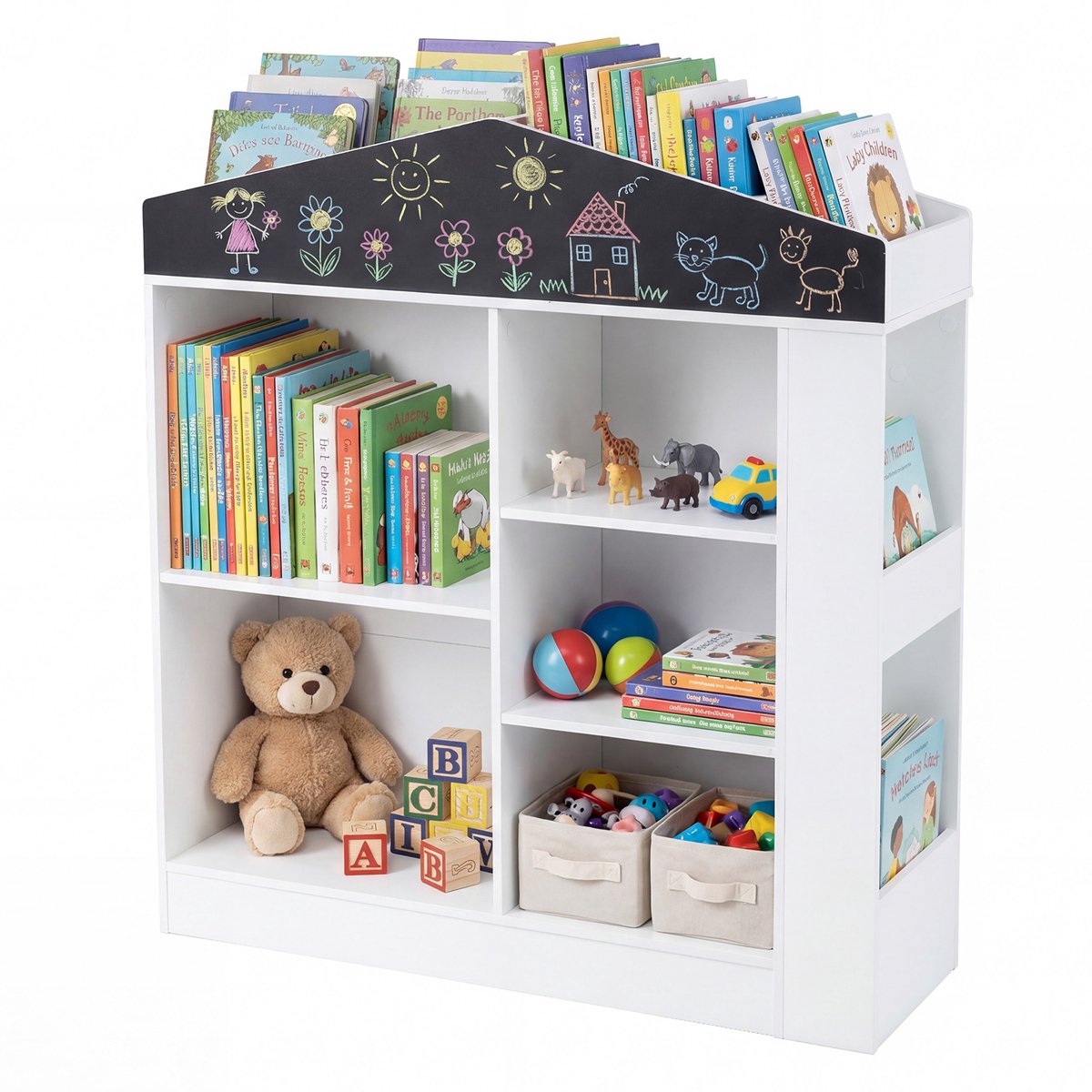 COSTWAY Boekenrek Kinderen in Huisvorm, Kinderrek met Schoolbord, Kinderboekenrek met 11 Vakken, Speelgoedrek Montessori voor Kinderkamer & Speelkamer, Wit (94 x 30 x 102 cm)