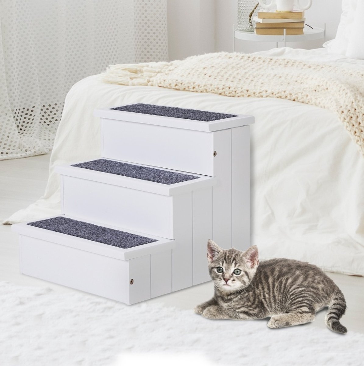 REDOM - Huisdierentrap - 3 treden met opbergruimte - Antislip oppervlak van naaldvilt - Voor hond en kat - Voor sofa en bed - Hout - Wit - 40,5 x 44,5 x 38 cm