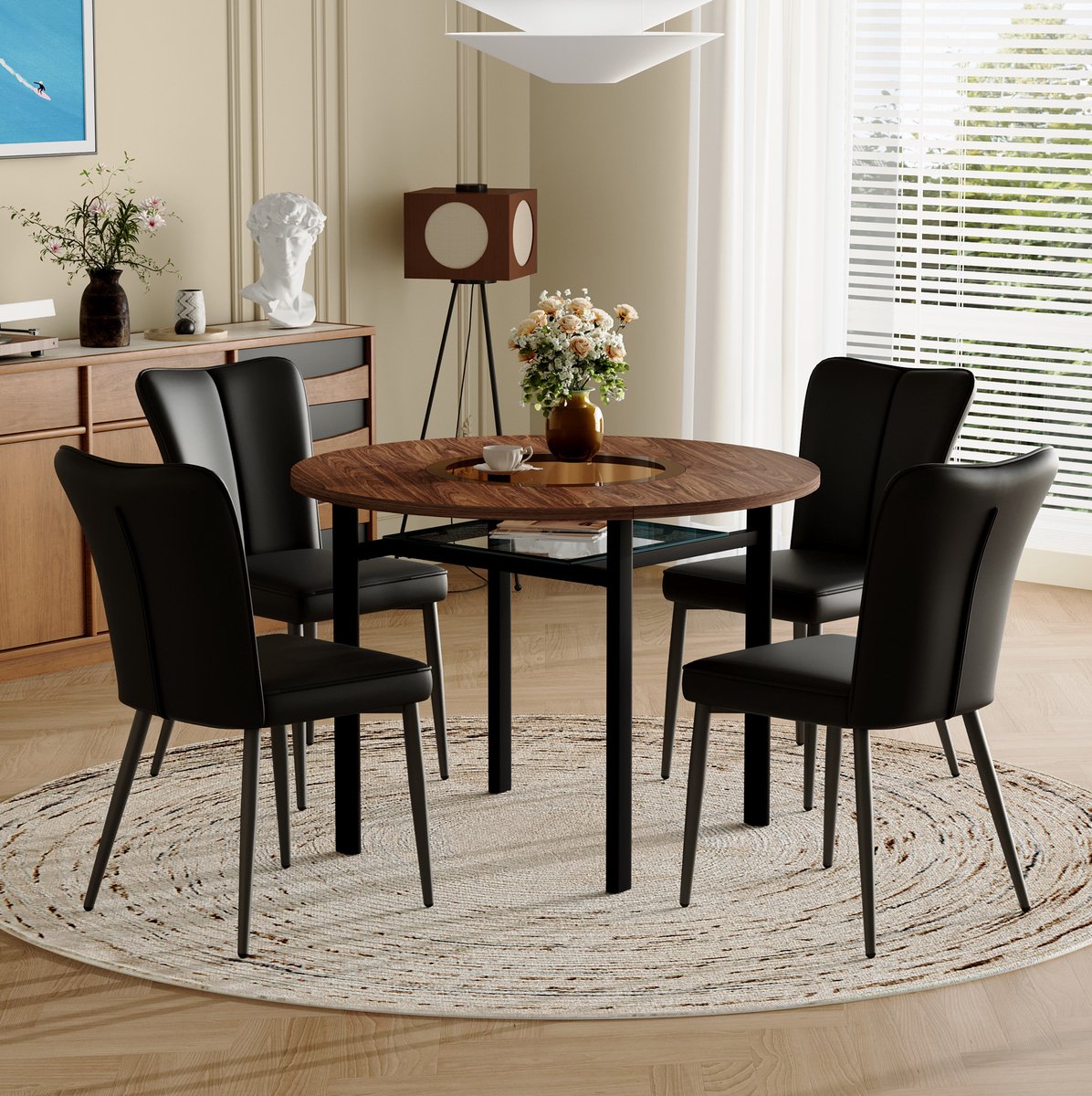 Wishdor Ronde eettafelset - Modern minimalistisch - 4 PU stoelen - Houtlook glazen inleg metalen onderstel - Eetkamer keuken woonkamer - Zwart bruin - Ø 100 cm