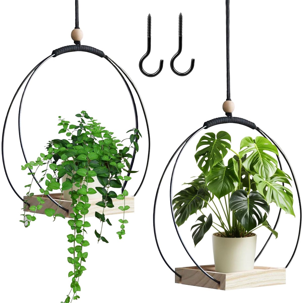 Famanu – 2 stuks hangende plantenhangers voor binnen, metalen ring met houten sokkel, hangpot voor planten, ideaal voor decoratie