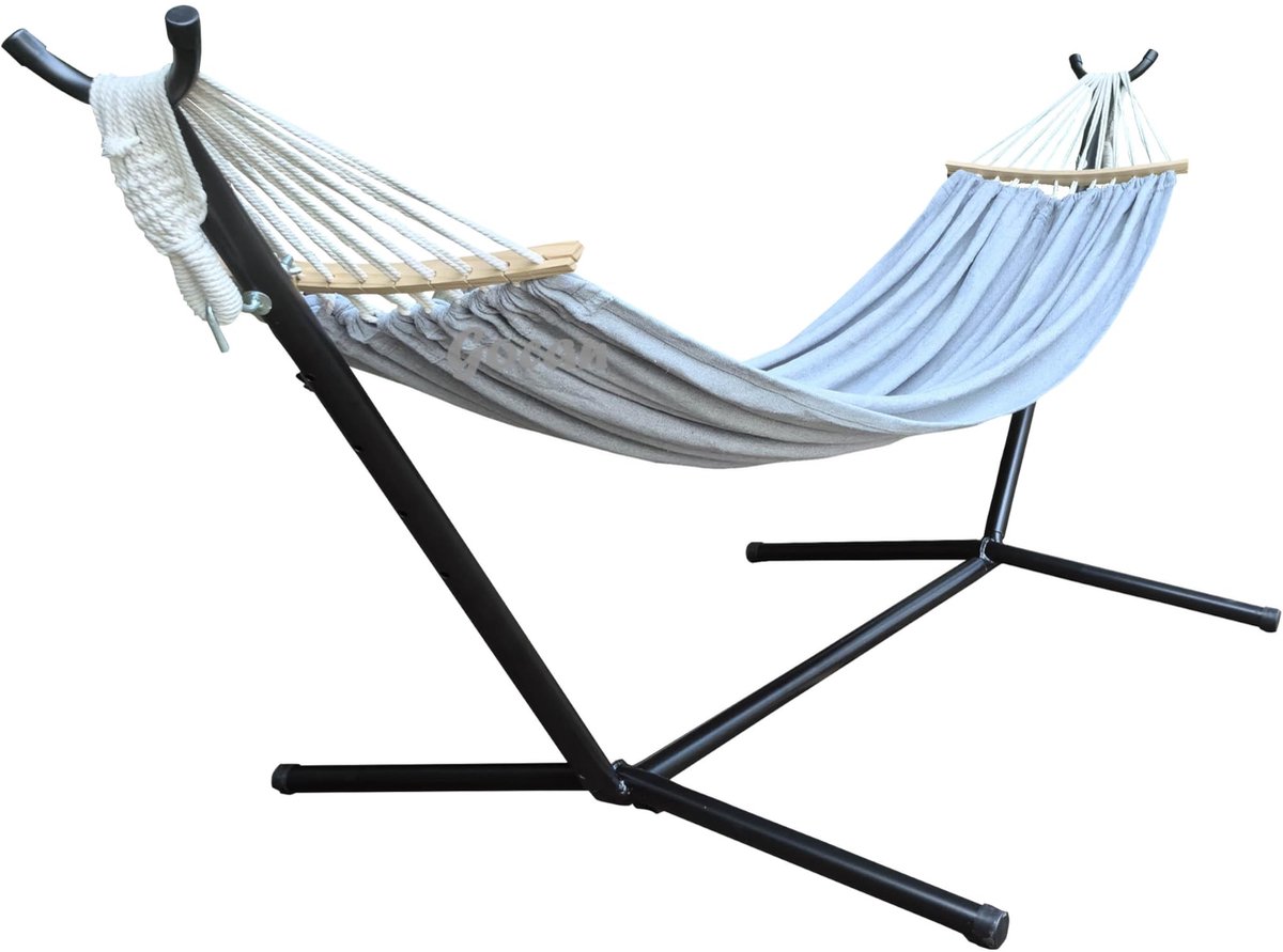 Famanu – Dubbele hangmat voor 2 personen, 220 x 160 cm, met stalen standaard en afneembare spreidstang, belasting tot 500 lbs, canvas en katoen voor buitengebruik