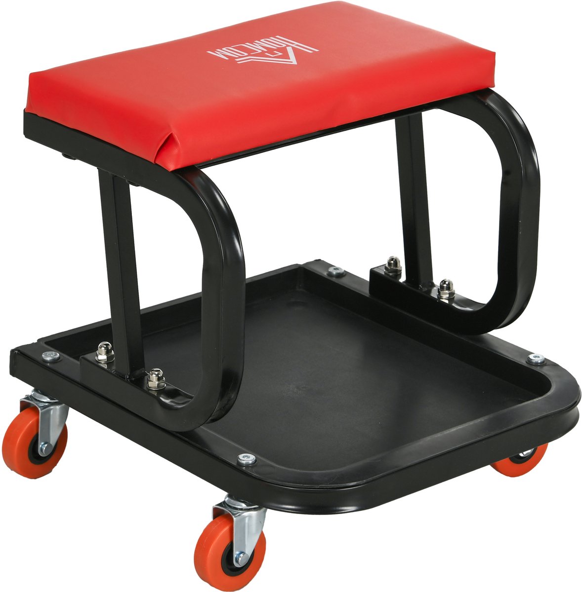 REDOM - Werkstatthocker - Geïntegreerde gereedschapsopslag - Met wielen - Gevoerde zitting - Voor garage en werkplaats - Kunstleer - Rood - 38 x 35 x 37 cm