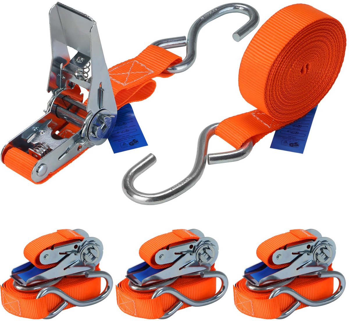 Famanu – Spanband met ratel en S-haak, set van 4 stuks, 700 kg, 2-delig, oranje, 4 m of 6 m, 25 mm breed