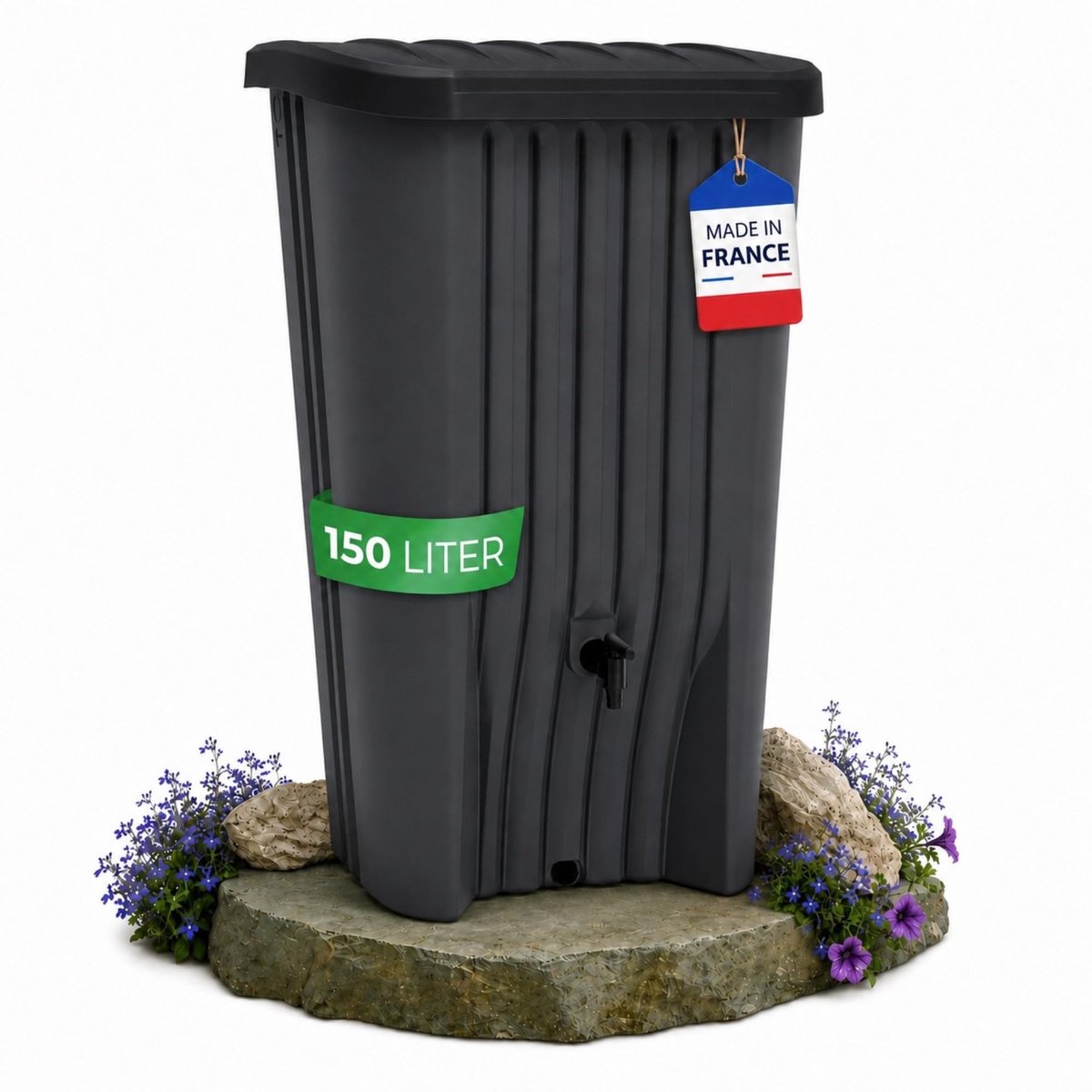 Famanu – Regenton Cascade van 150 liter, smal en ruimtebesparend, met geïntegreerde kraan, antraciet, gemaakt in Frankrijk