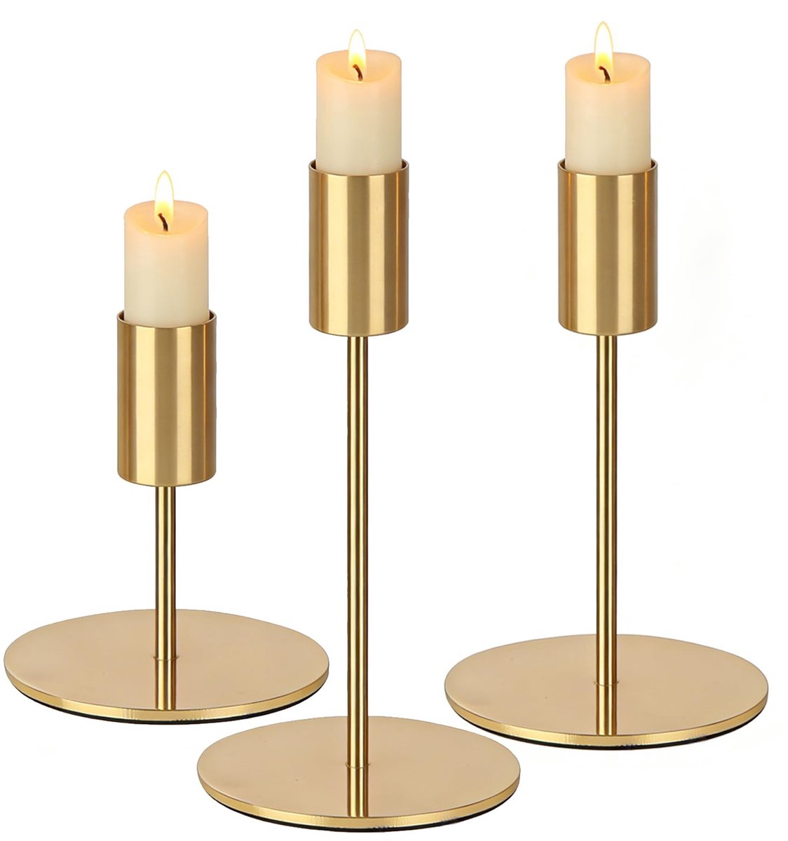 Famanu Set van 3 gouden kaarsenhouders voor staafkaarsen van metaal, 8,5/14/16 cm hoog, tafeldecoratie voor bruiloften, verjaardagen en diners