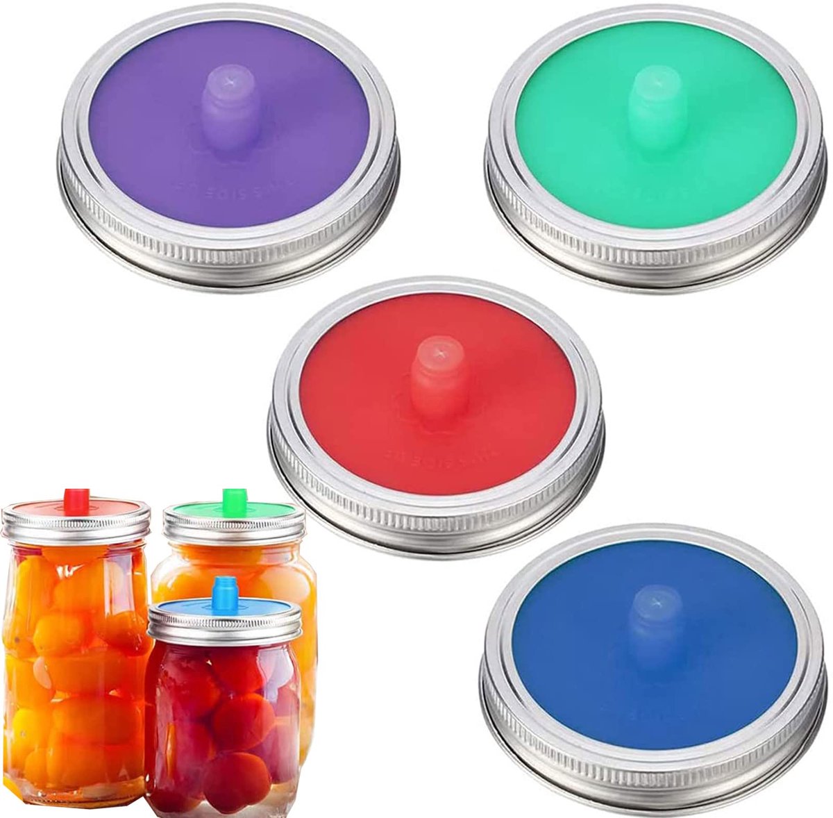 Famanu – Set van 4 siliconen weckpotten met groot deksel, levensmiddelenkwaliteit, voor fermentatie van zuurkool, kimchi en komkommers