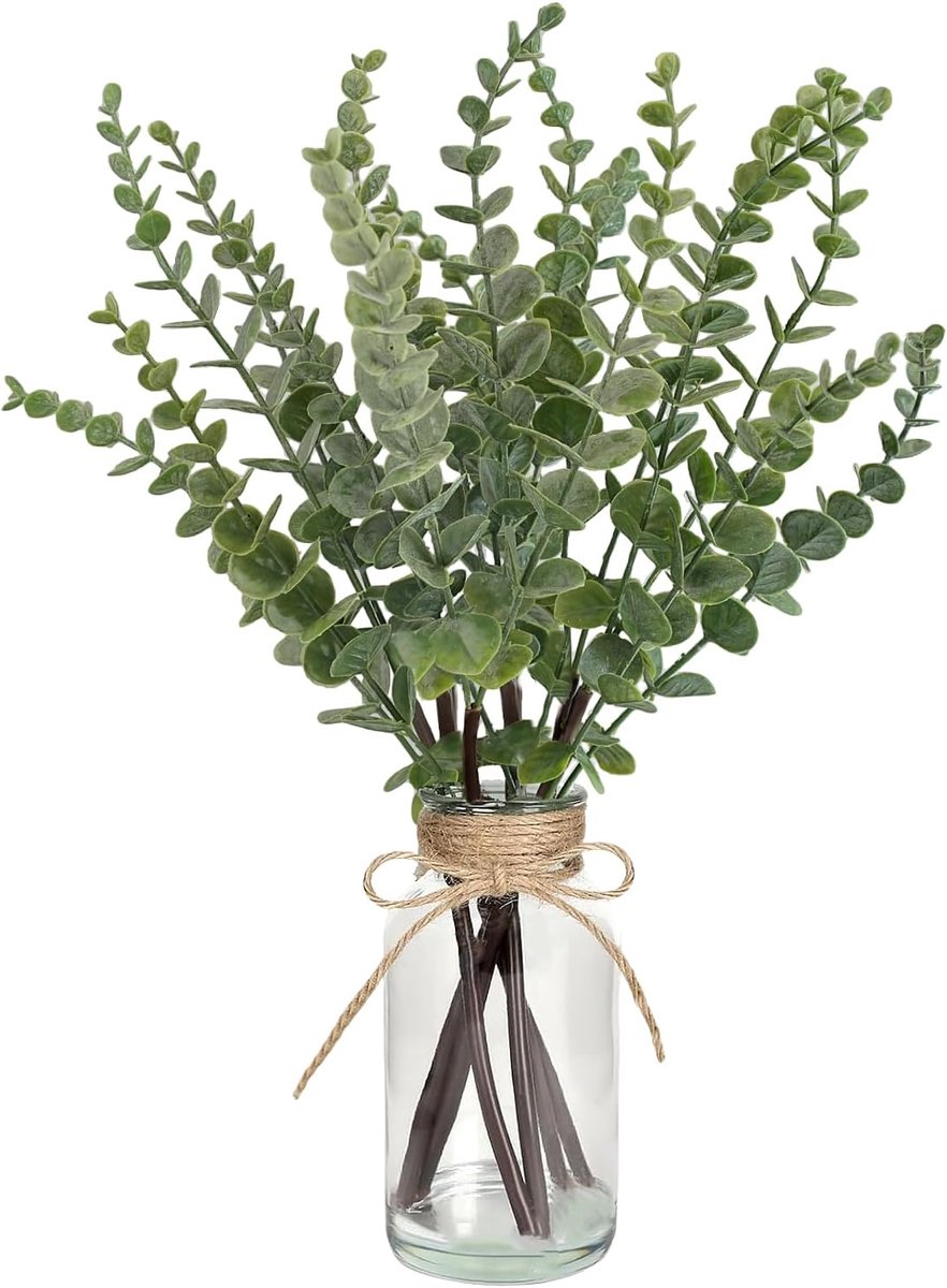 Kunstplanten eucalyptustak in glazen vaas, 17,3 inch nepplant groen stengels bladeren takken faux eucalyptus stengels - ShopVlot