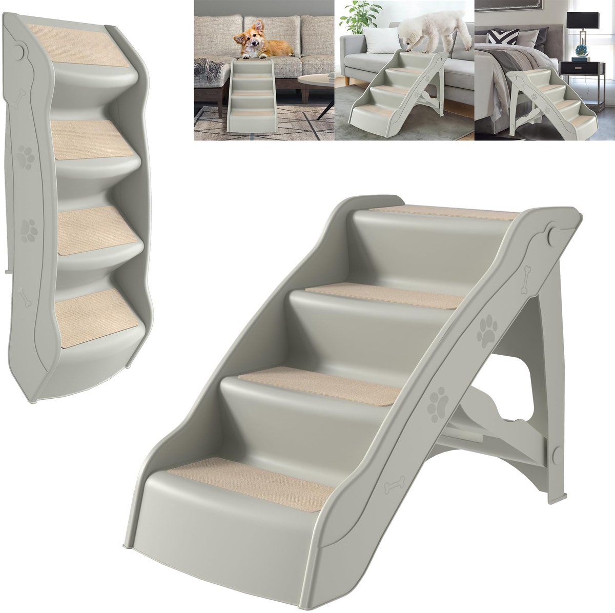 Famanu – Inklapbare hondentrap met 4 treden, 50 cm hoog, kattentrap met antislip mat en steunstang, hondenhelling voor honden en katten tot 75 kg, grijs