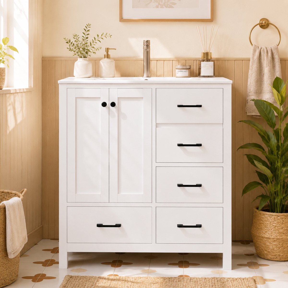 VVBV Badkamermeubelset 76x46x82 cm - Keramische Wastafel, 4 Lades, Verstelbare Planken, Opbergruimte - Wit