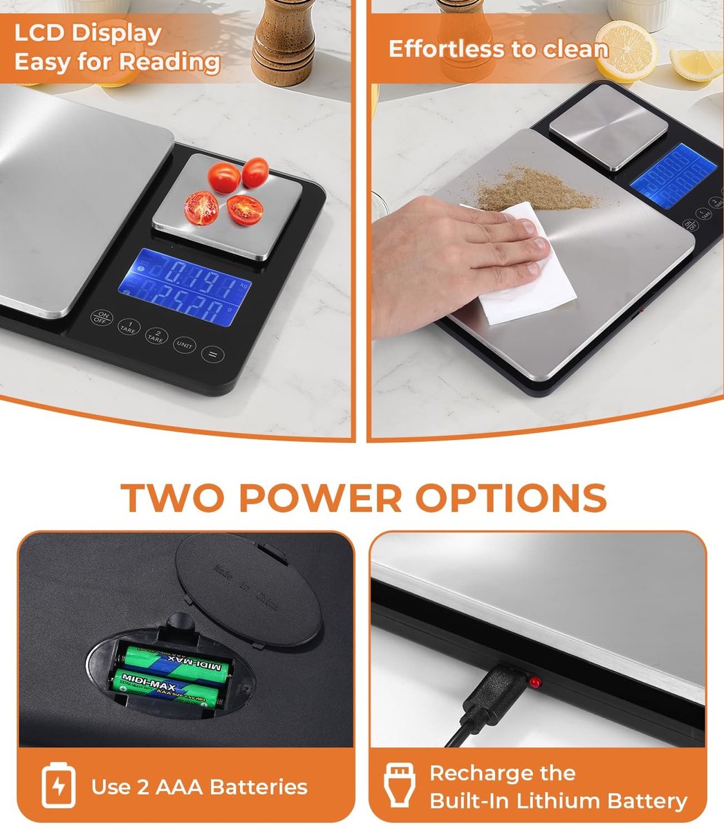 Keukenweegschaal zonder batterijen - Zilver - Dubbel Platform - LCD-Scherm - Voor Koken en Bakken