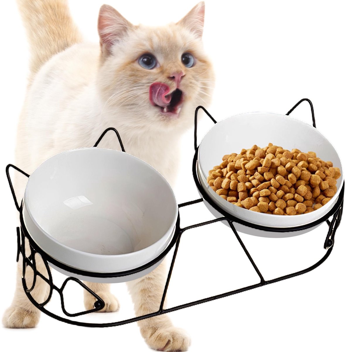 Famanu – Verhoogde voerbak voor honden en katten, set van 3 keramische bakken met 15° helling, dubbele bak voor voer en water