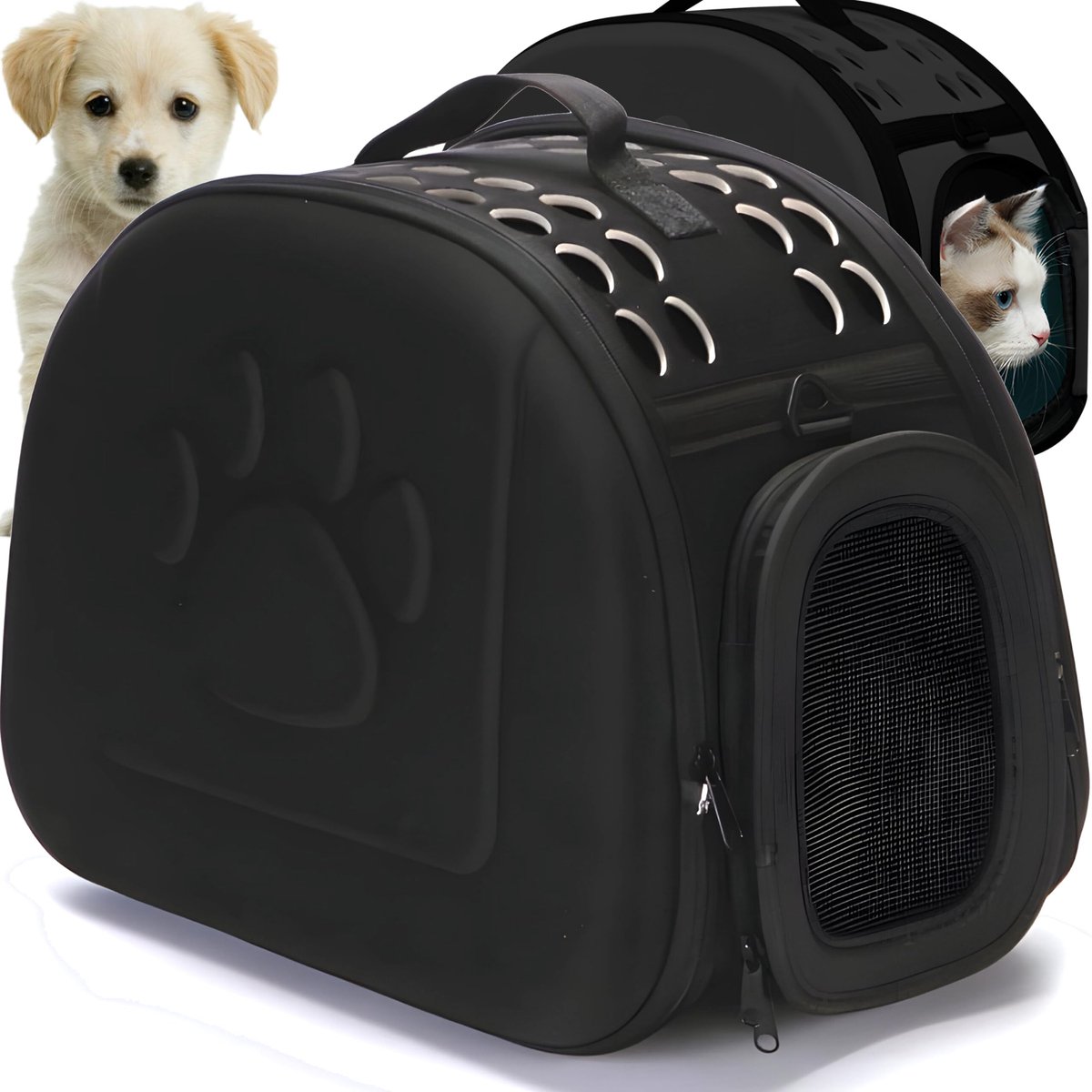 Famanu – Transportbox voor katten, honden en konijnen, opvouwbare draagtas, zwart, ideaal voor reizen