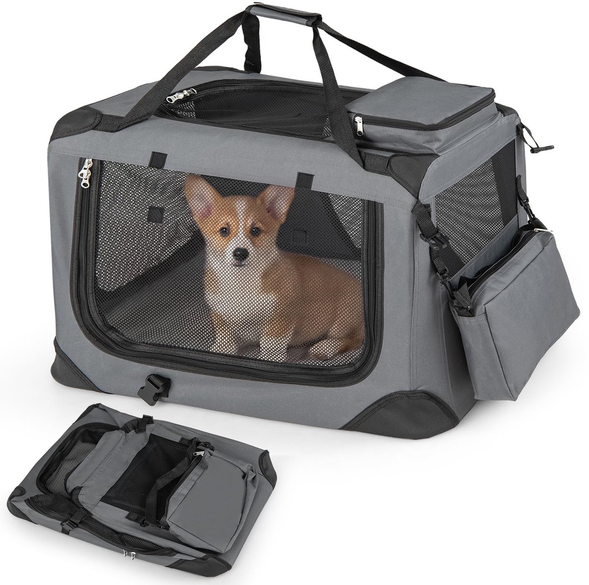 Famanu – Opvouwbare transportbox voor honden, geschikt voor auto, maat S (61 x 43 x 43 cm), grijs