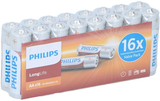 Piles AA Philips LongLife, 16 pièces par paquet. Piles grises avec étiquette bleue et orange.