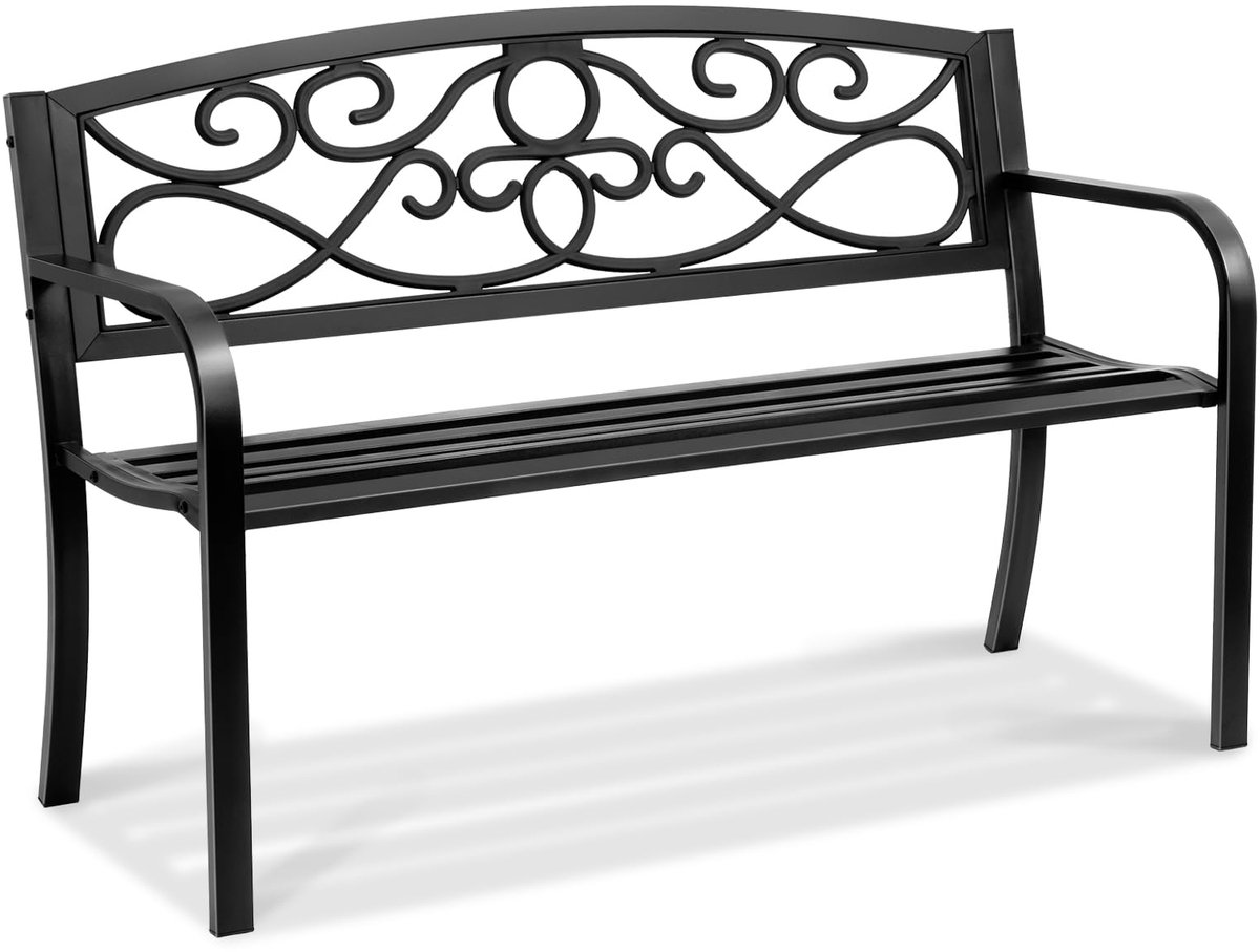 Famanu – Metalen tuinbank voor buiten, zwart, 127 cm breed, perfect voor in de tuin of op het balkon