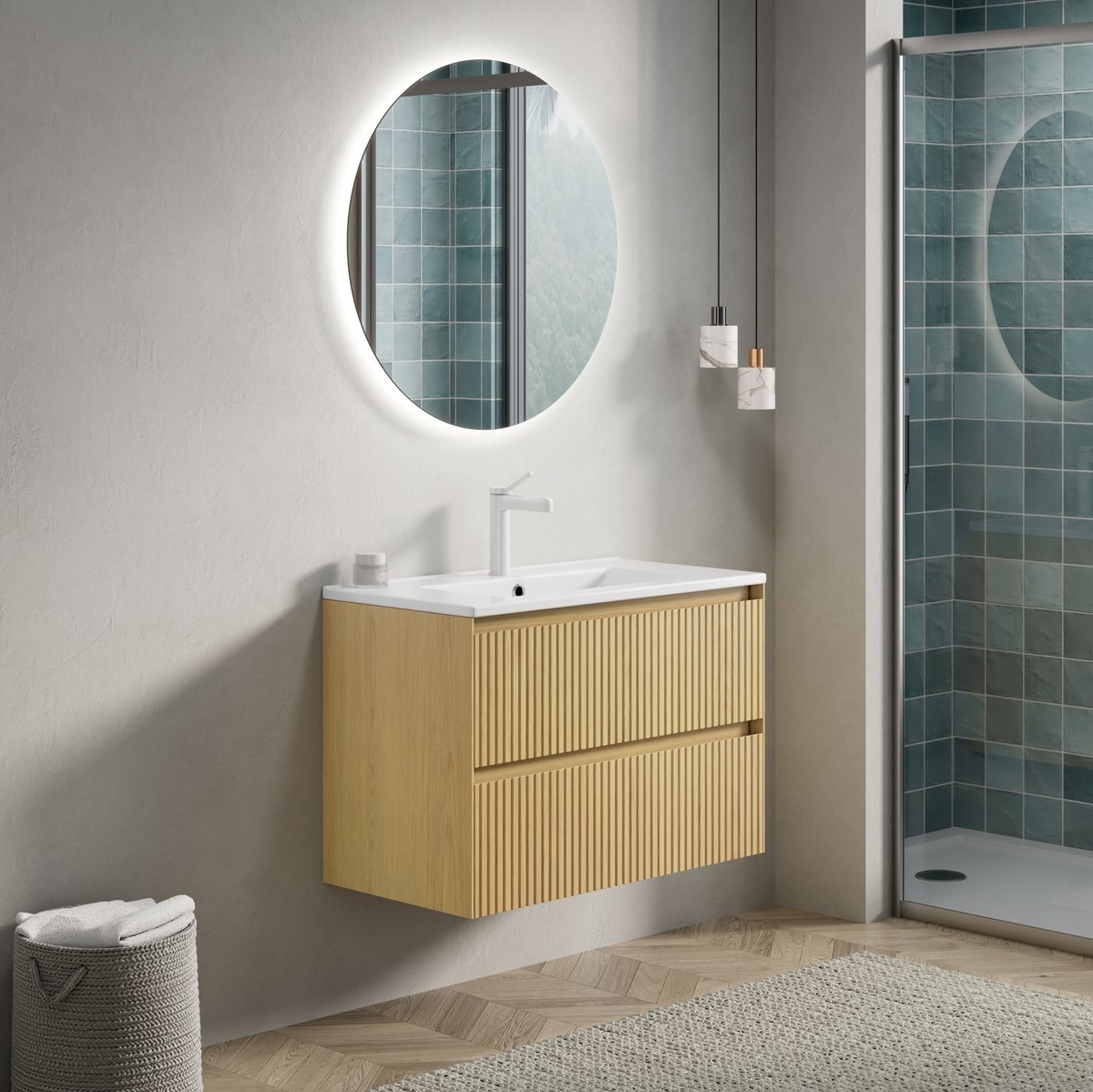 MIVRAY Badkamerkast - Wandgemonteerd Wastafelmeubel Met Twee Lades - Voor Moderne Badkamer En Compacte Ruimtes - Keramiek En Multiplex - 75 Cm - Wit En Golden Oak