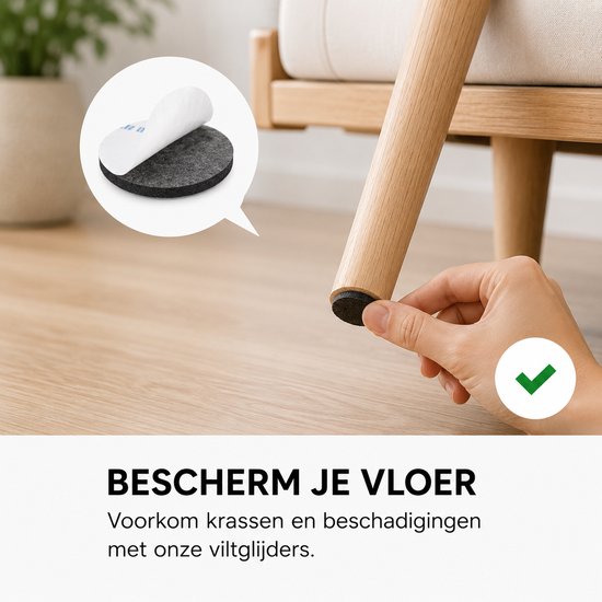 Hand bevestigt rond zwart viltje op houten stoelpoot. Inzet toont viltje met plakker.