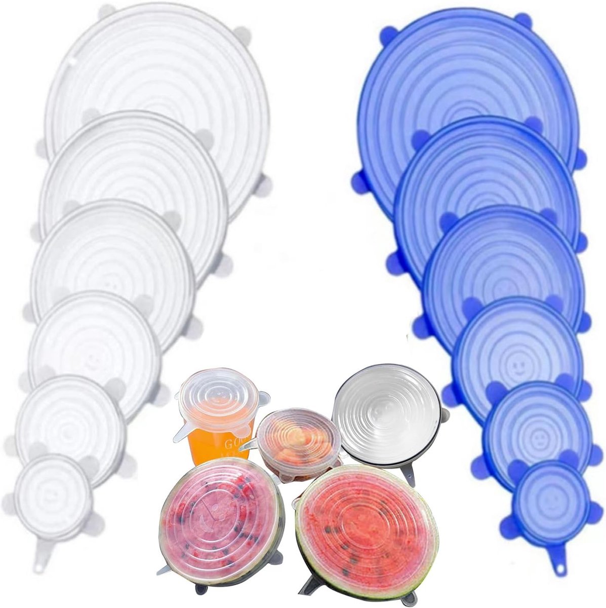 12 Stuks Silicone Deksel Set, Rekbare Herbruikbare Lids in 6 Maten, Extra Scheurvast en Rekbaar voor Kommen, Bekers en Blikken