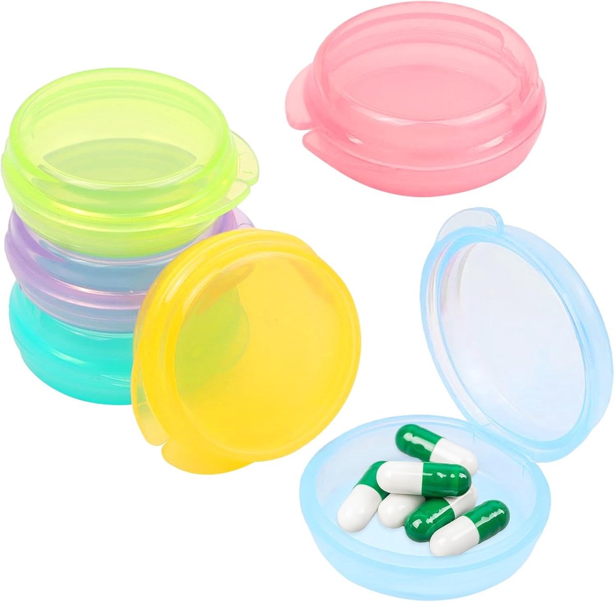 Ronde Pillendoos met 6 Compartimenten, Kleurige en Draagbare Tabletcontainers voor Vitaminen en Supplementen