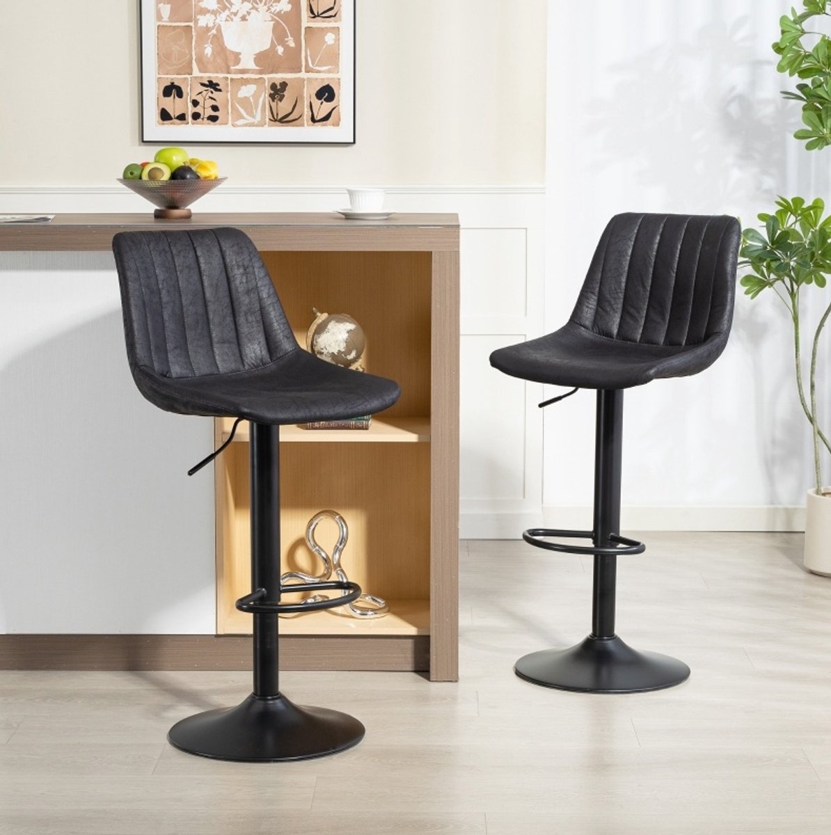 OKWISH Barkruk Set Van 2 Retro Met Verstelbare Hoogte En Voetsteun Voor Keuken En Thuisbar Van Microvezel Zwart Met Rugleuning