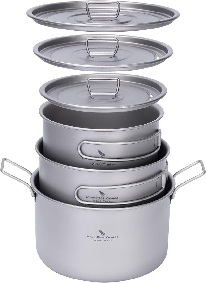 Camping Kookpot Set 1.2L, 1.8L en 2.4L - Lichtgewicht Titanium Kookgerei voor Buiten, Ideaal voor Backpacken en Reizen