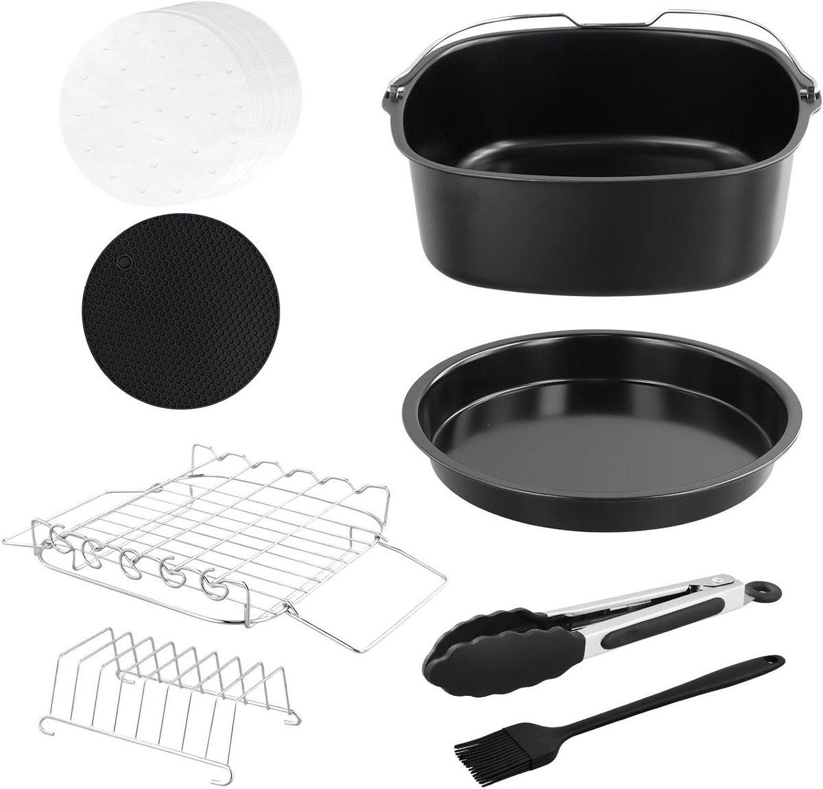 Heteluchtfriteuse Accessoires Set - Airfryer Bakbenodigdheden - Bakken en Grillen - 8-Delig BPA-Vrij - 20 cm Vierkant - Zilver