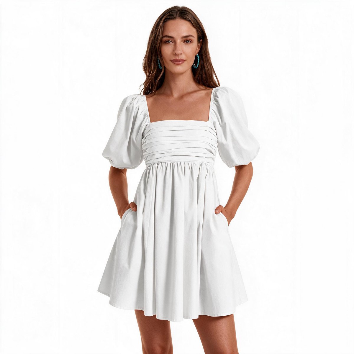 Imily Bela Dames Babydoll Mini Jurk met Vierkante Hals en Pofmouwen