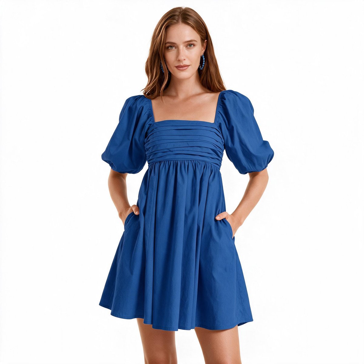 Imily Bela Dames Babydoll Mini Jurk met Vierkante Hals en Pofmouwen