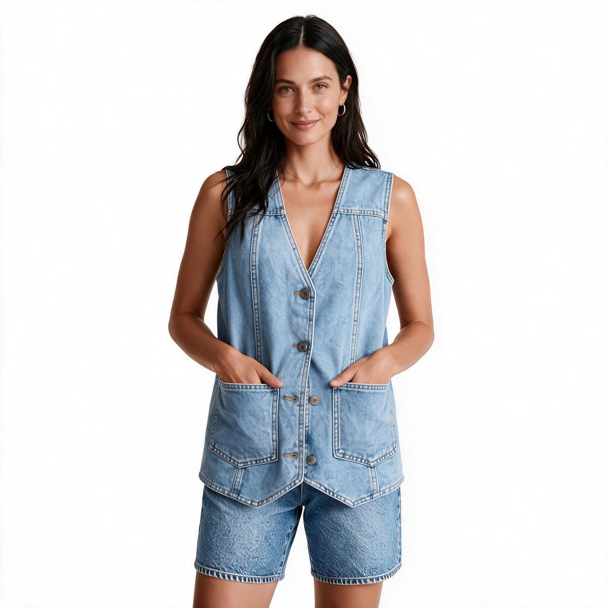 Imily Bela Dames Denim Playsuit met Giletstijl en Zakken