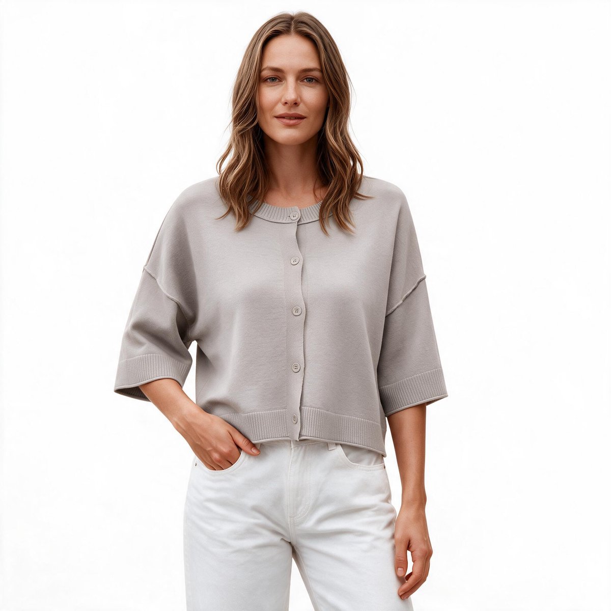 Imily Bela Dames Cropped Vest met Korte Mouwen en Knopen