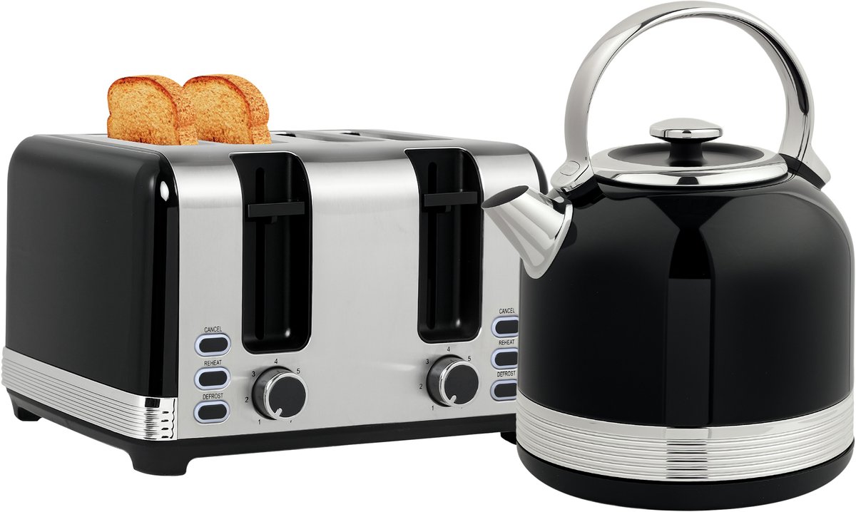 TEKROA® Waterkoker en broodrooster set - 7 bruiningsniveaus - 1,7 liter, kunststof, roestvrij staal - zwart