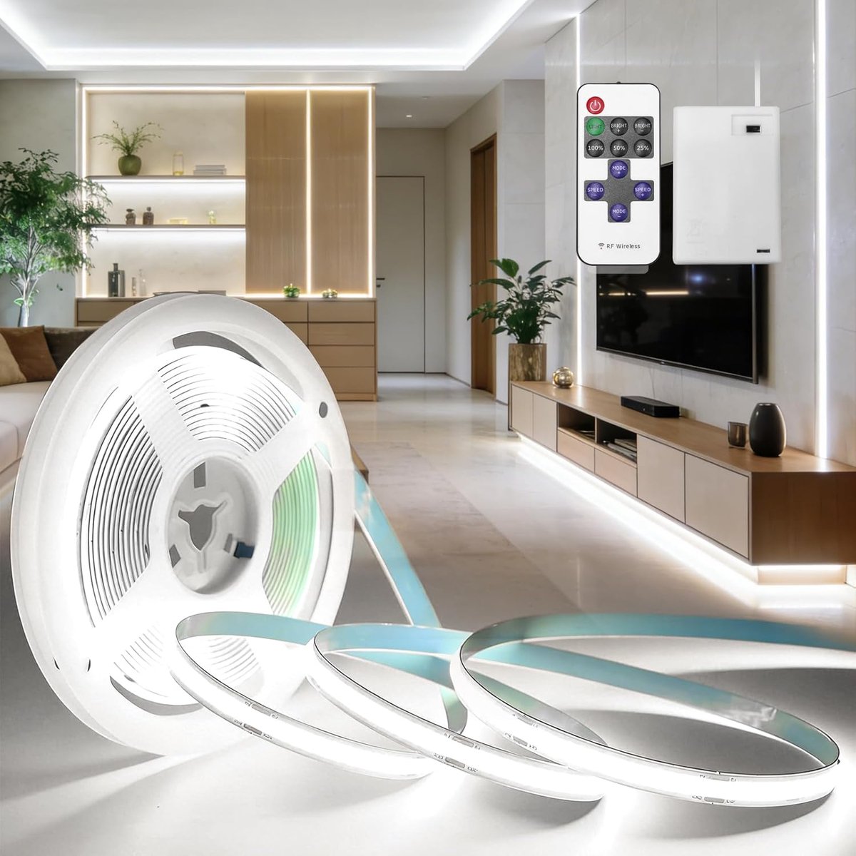 BRIMETI LED Strip Batterijen COB 1M Dimbaar Wit 6000K 320LEDs/M 5V Zelfklevend Flexibel Batterij Aangedreven Ledstrip - ShopVlot