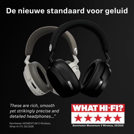 Zwarte en witte Sennheiser MOMENTUM 5 Wireless koptelefoons. De nieuwe standaard voor geluid met 'What Hi-Fi?' 5-sterren beoordeling.