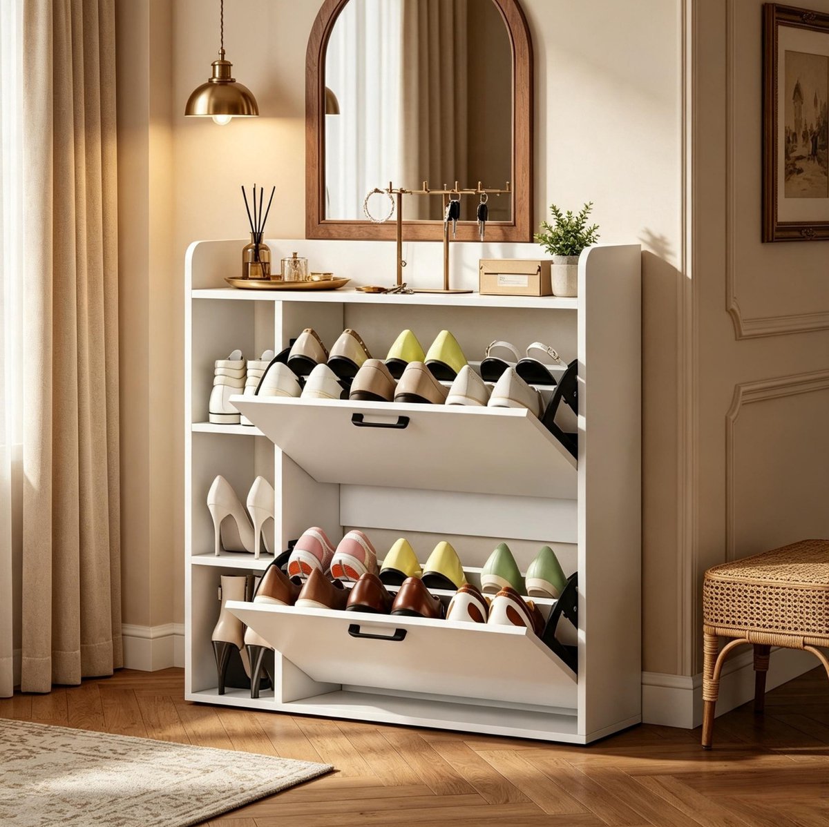 MIVRAY Schoenenkast - Moderne Witte Kast Met 2 Kleppen En Open Vakjes - Smal Design Voor Hal En Entree - Spaanplaat - 83 X 24 X 90,5 Cm