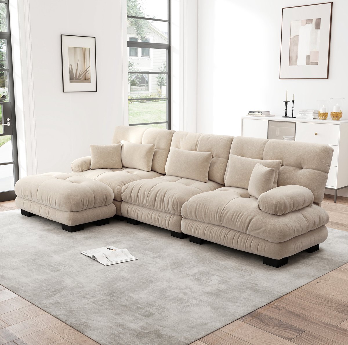 DESMIU Hoekbank 3-Zits - Modulaire L-Vorm Met Ottoman - Voor Woonkamer En Kantoor - Chenille - Licht Koffie