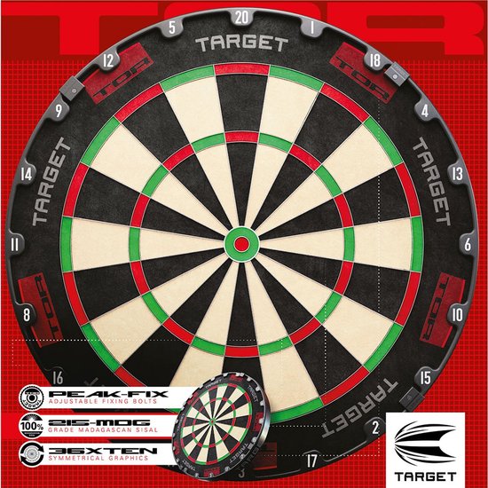 Dartbord met zwarte achtergrond, rode en groene segmenten, en witte cijfers. Bevat "TARGET" en "TOR" logo's. "PEAK-FIX", "215-MDG" en "36XTEN" details.