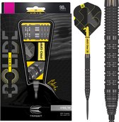 Zwarte dartpijl met gele accenten en 'PRO GRIP' tekst. 90% tungsten, steel tip.