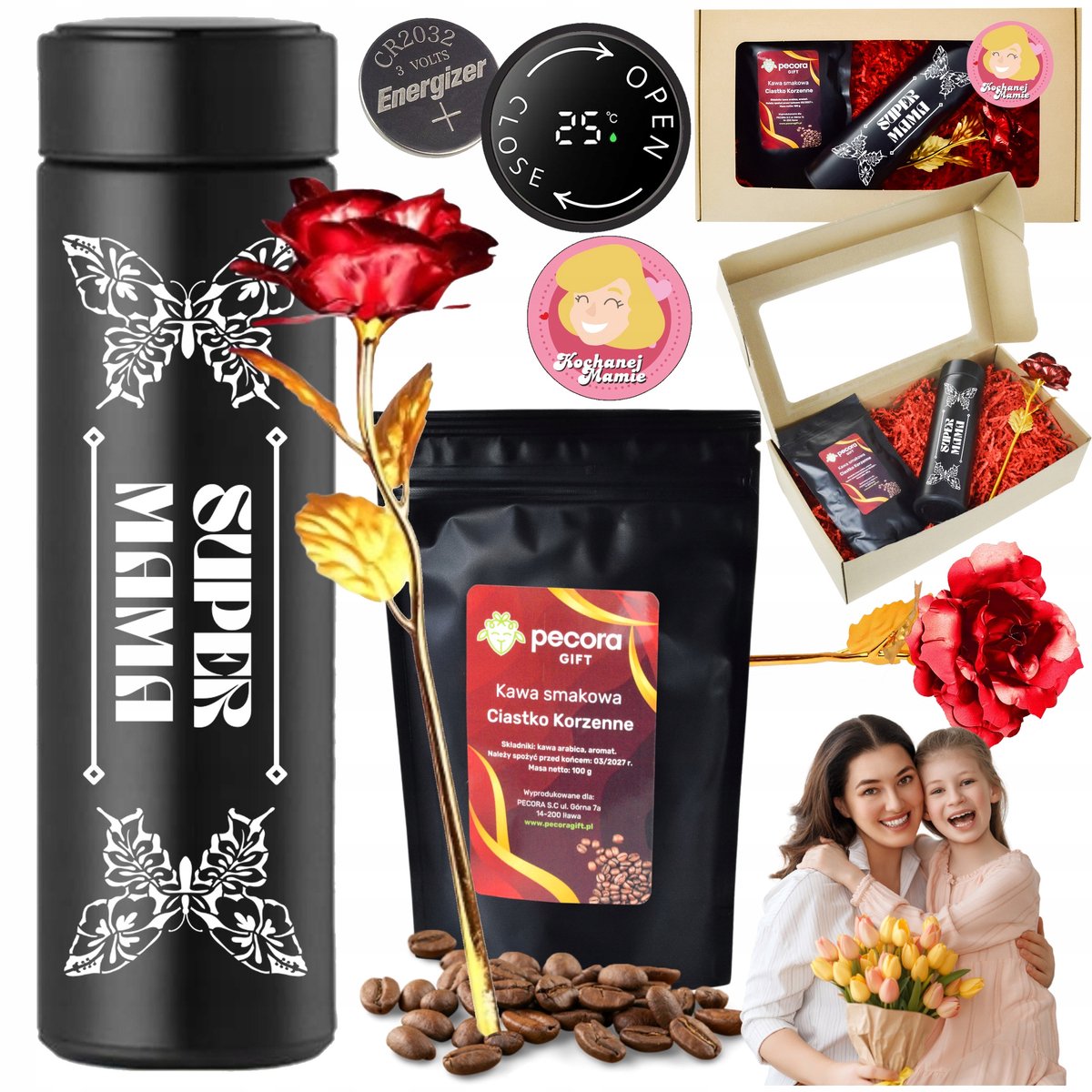 Cadeauset Moederdag: Thermosbeker met LED, Roze & Koffie