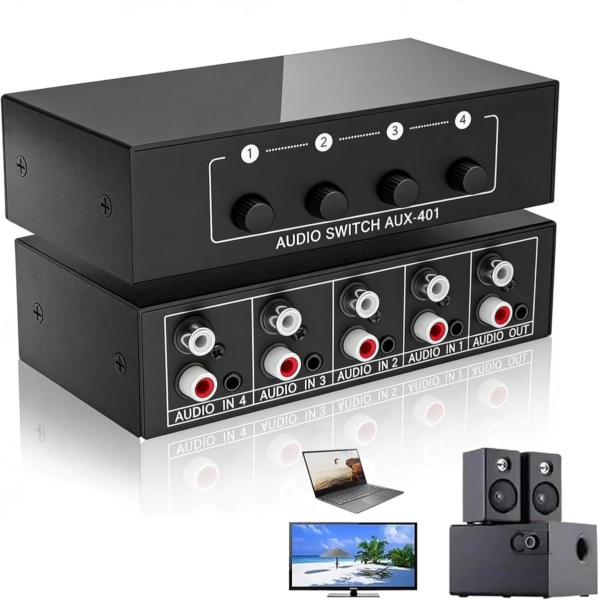 4-in-1 Audio Video Splitter met 0.3cm Aux en RCA L/R, Passieve Audio Switch voor Hoofdtelefoons en Apparaten
