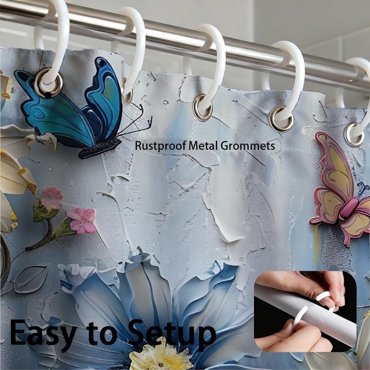 Kleurige Waterdichte Douchegordijn Set met 3D Bloemen en Vlinders, Inclusief 12 Haakjes - Ideaal voor Badkamer en Hotelgebruik, 183 x 183 cm