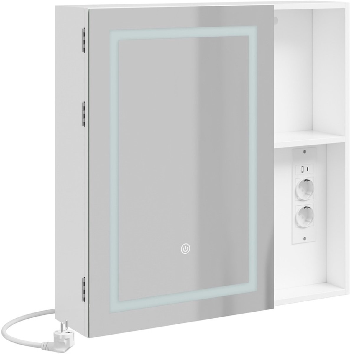 SoBuy spiegelkast badkamer - spiegelkast met verlichting en stopcontact - MDF wit met 1 deur en plank - 60x70x15 cm | BZR239-E-W